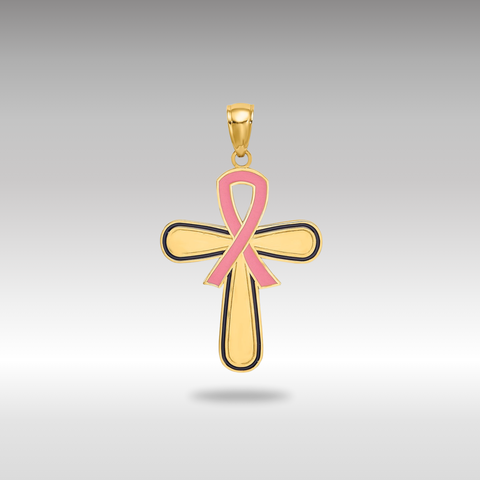 Gold Enamel Pink Ribbon Breast Cancer Cross Necklace Pendant - Charlie & Co. Jewelry