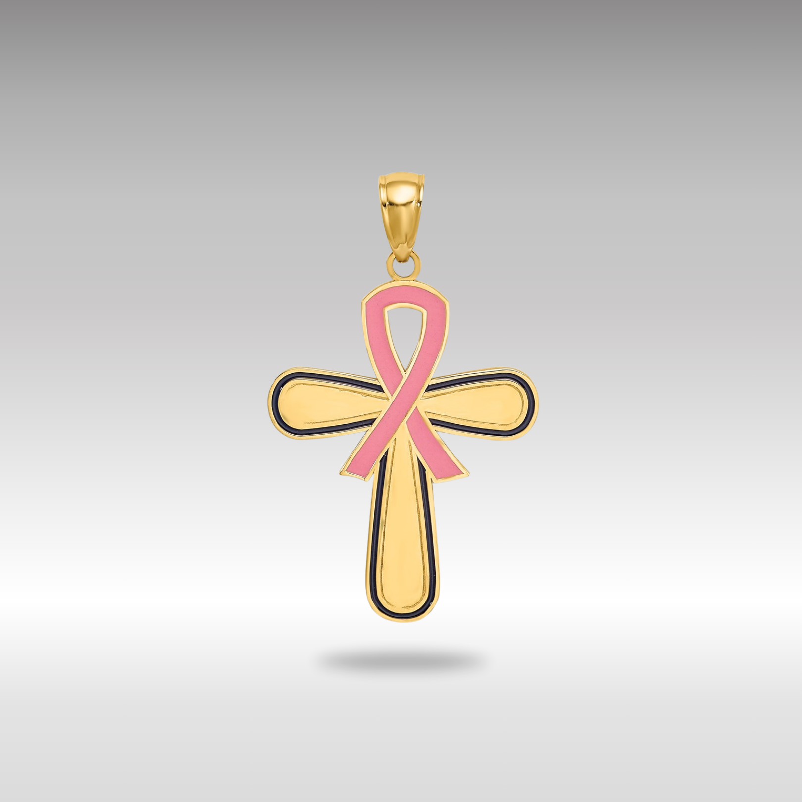 14K Gold Enamel Pink Ribbon Breast Cancer Cross Pendant Model