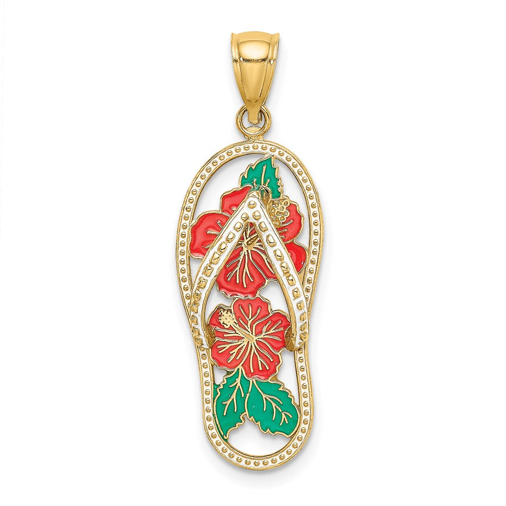 14K Gold Enamel Red Hibiscus Flower Flip-Flop Pendant - Charlie & Co. Jewelry