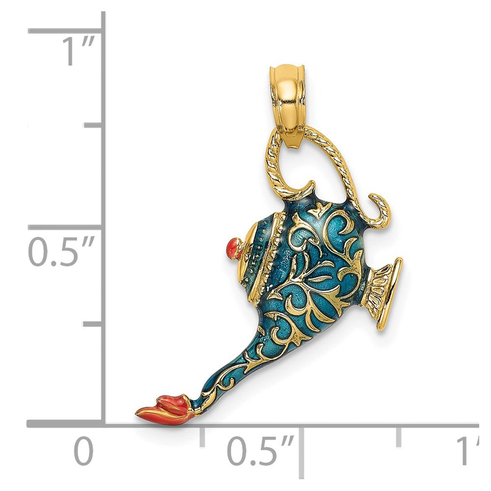 14K Gold with Enamel 3D Textured Blue Genie Lamp Pendant - Charlie & Co. Jewelry