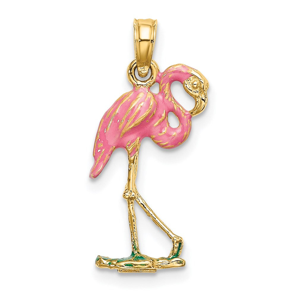 Gold Flamingo Necklace Pendant 3-D Pink Enamel Charm Model-K7080 - Charlie & Co. Jewelry