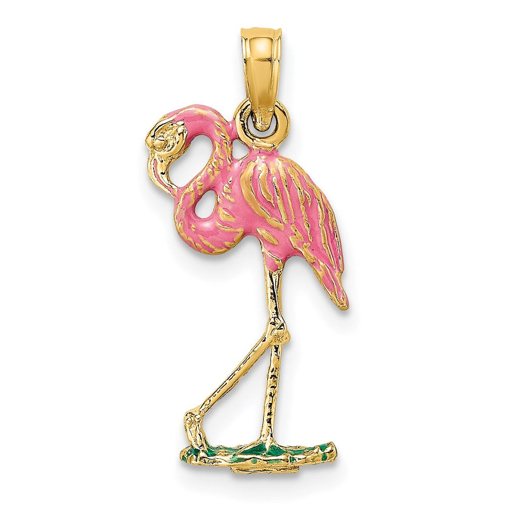 Gold Flamingo Necklace Pendant 3-D Pink Enamel Charm Model-K7080 - Charlie & Co. Jewelry