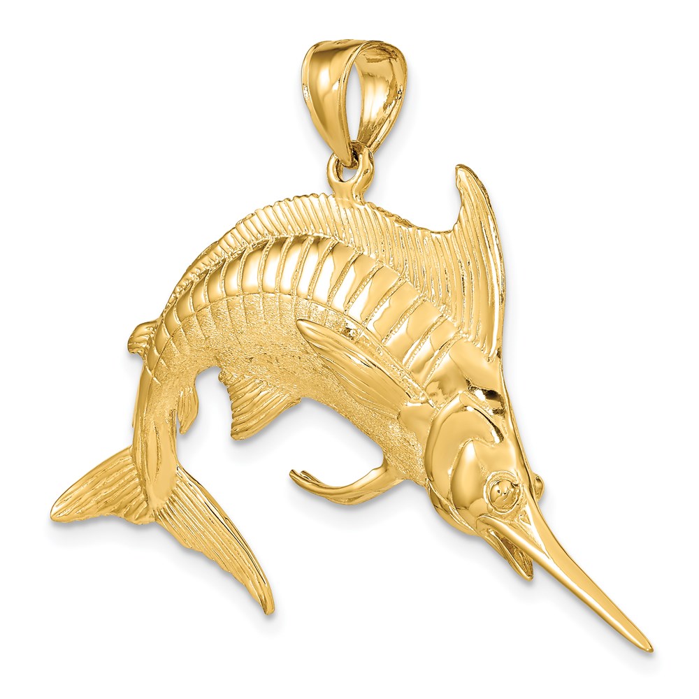 14K Gold 3D Polished/Satin Blue Marlin Pendant - Charlie & Co. Jewelry