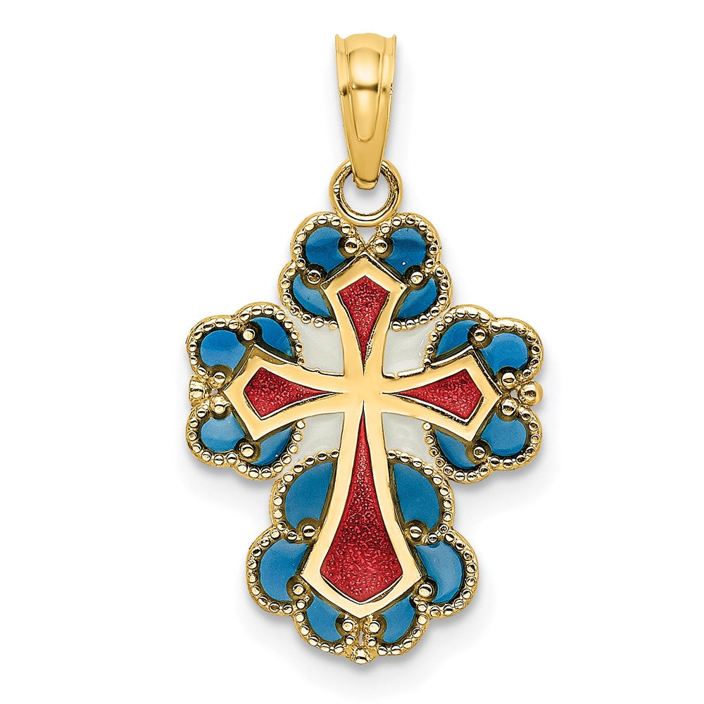 Charlie & Co Jewelry | 14k Blue, White And Red Enameled W/ Lace Trim Cross Charm - Model K8628