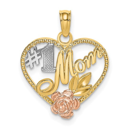 14K Yellow and White #1 Mom Heart Pendant - Charlie & Co. Jewelry