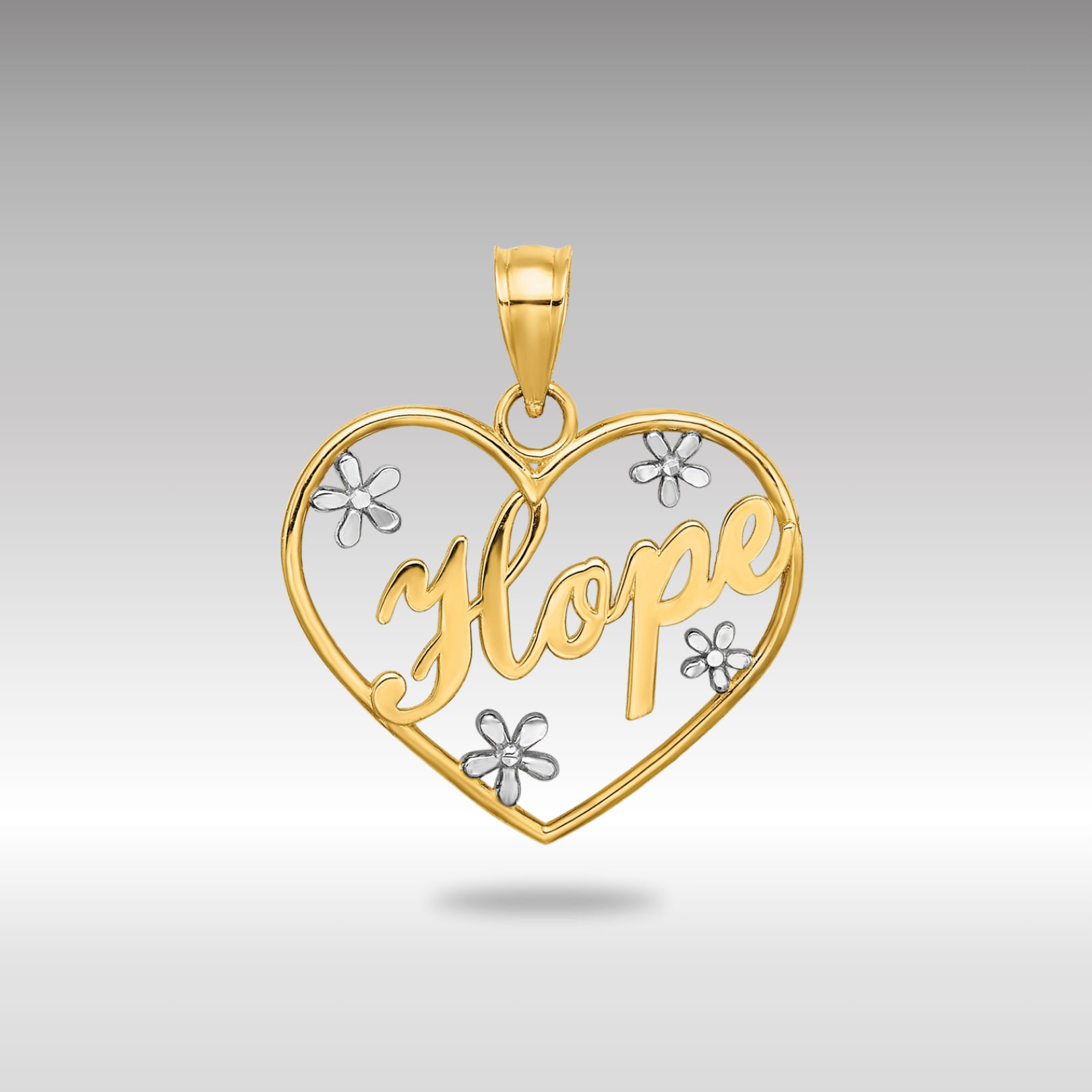 Yellow Gold and White Gold 'Hope in Heart' Necklace Pendant with Floral Accents - Charlie & Co. Jewelry