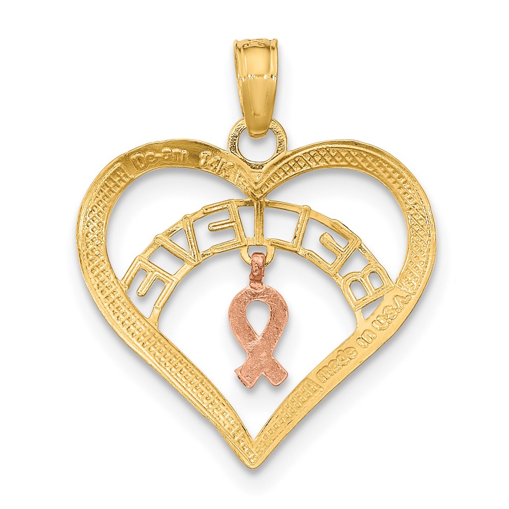 14K Gold 'BELIEVE' Heart Necklace with Breast Cancer Ribbon - Charlie & Co. Jewelry