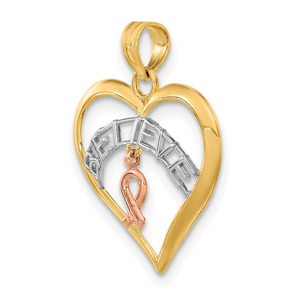 14K Gold 'BELIEVE' Heart Necklace with Breast Cancer Ribbon - Charlie & Co. Jewelry