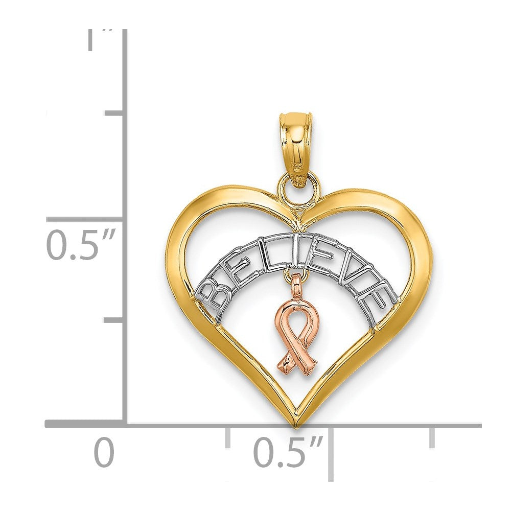 14K Gold 'BELIEVE' Heart Necklace with Breast Cancer Ribbon - Charlie & Co. Jewelry