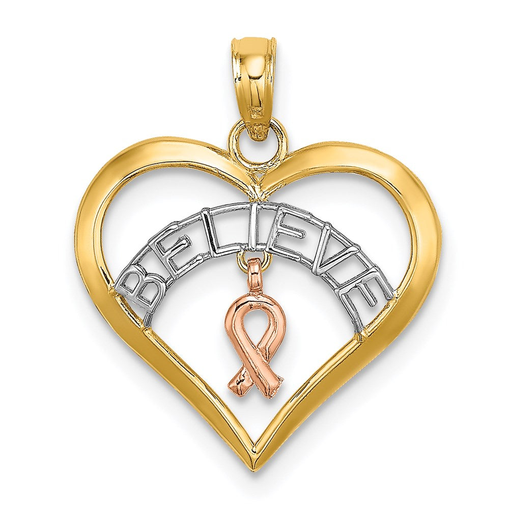 14K Gold 'BELIEVE' Heart Necklace with Breast Cancer Ribbon - Charlie & Co. Jewelry