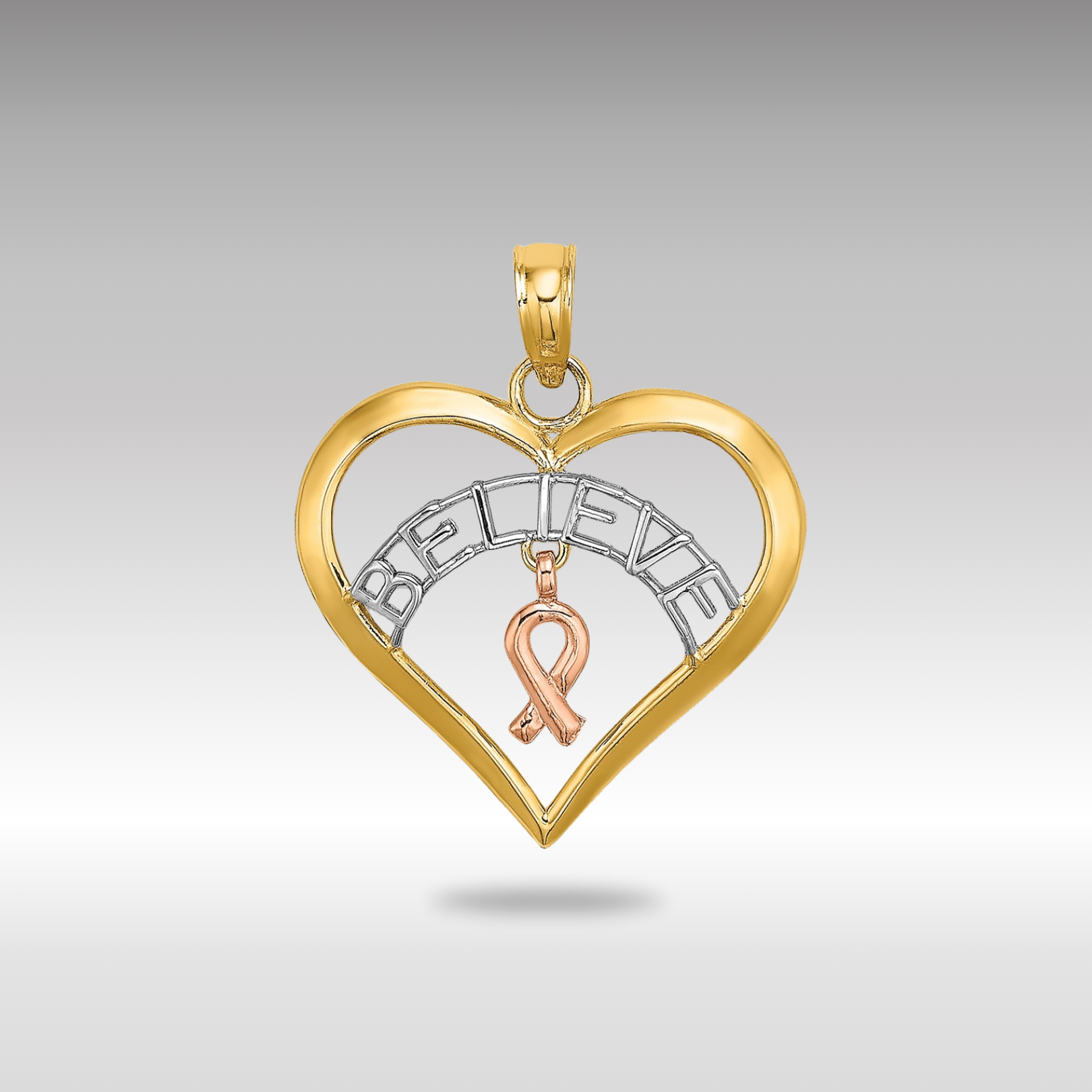 Gold 'BELIEVE' Heart Necklace with Breast Cancer Ribbon - Charlie & Co. Jewelry