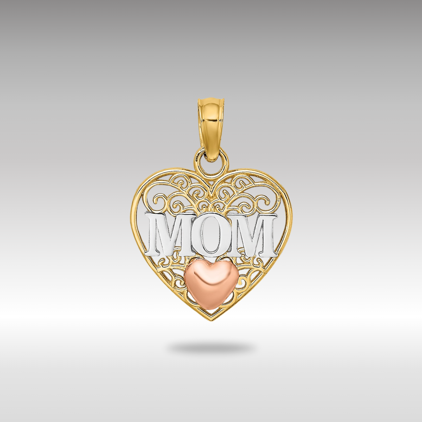 Yellow and White Gold Polished MOM in Heart Pendant Necklace - Model K9559 - Charlie & Co. Jewelry