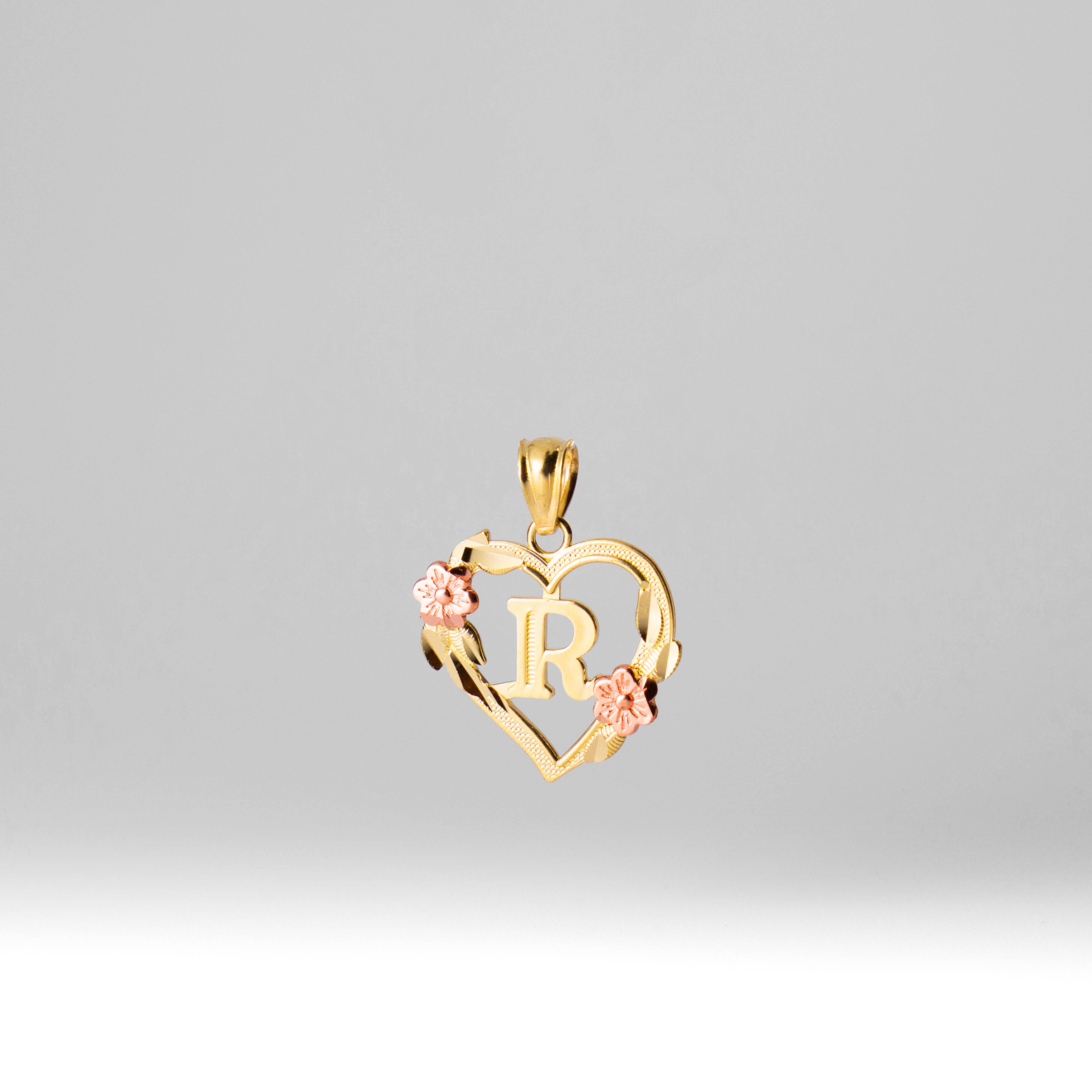 14K Gold Heart Letter R Pendant with Flowers | A-Z Pendants