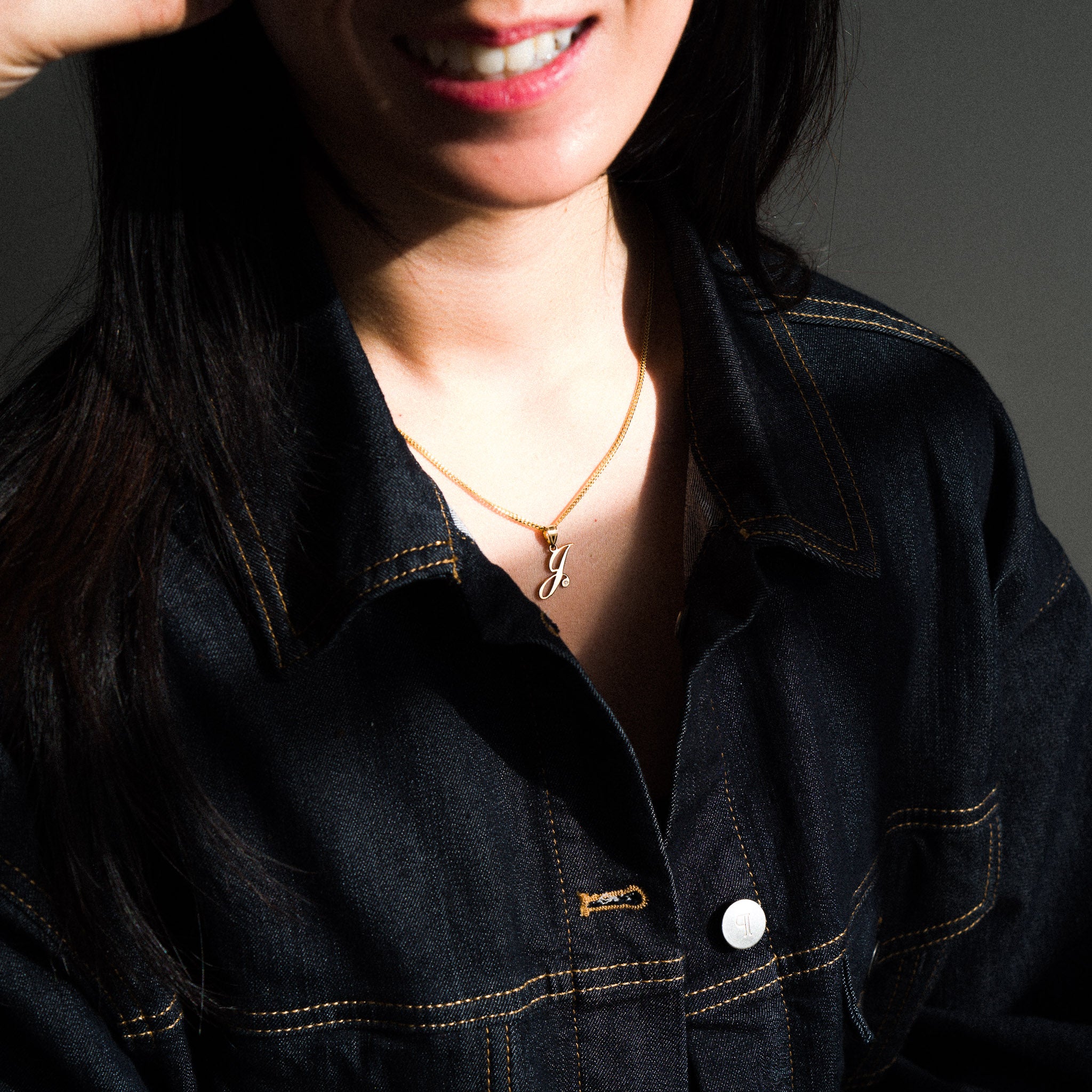 14K Gold Script Letter J Initial Pendant with Diamond - Model YC252J - Charlie & Co. Jewelry