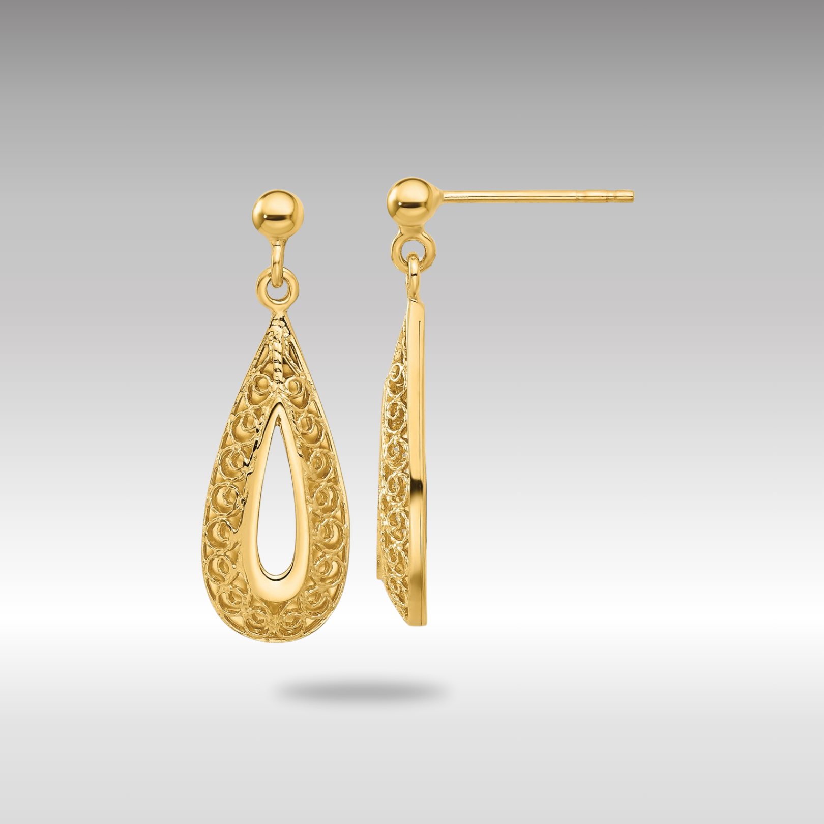 Gold Filigree Teardrop Post Dangle Earrings - Model LE2307 - Charlie & Co. Jewelry