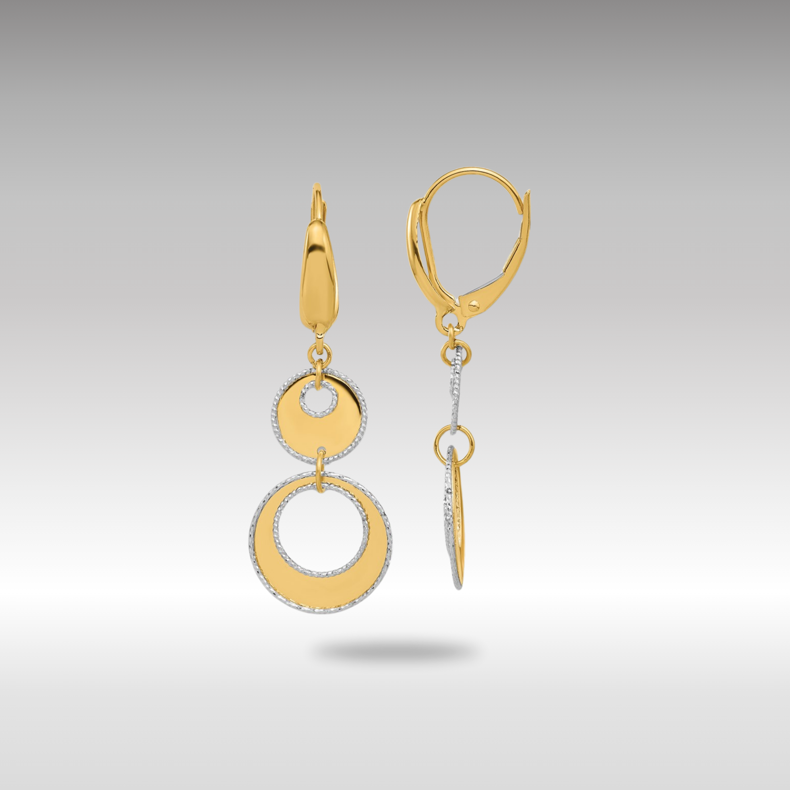 Gold Two-tone Polished and Dia-cut Circles Dangle Leverback Earrings - Model LE2369 - Charlie & Co. Jewelry