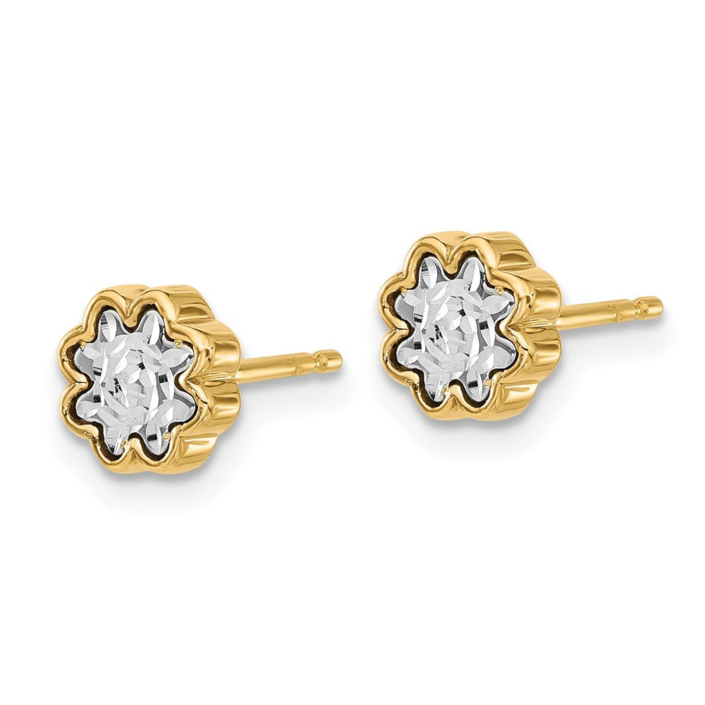 Gold Leslie's 14K Two-tone Polished and Diamond-cut Flower Post Earrings - Model LE2408 - Charlie & Co. Jewelry