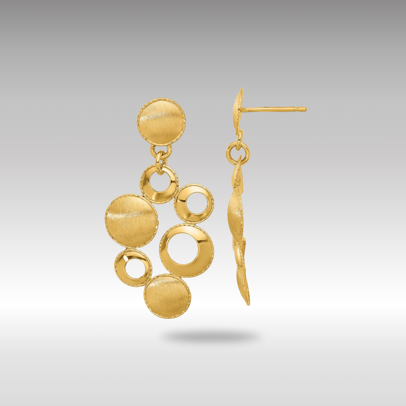 Gold Polished and Satin Circles Post Dangle Earrings - Model LE2728 - Charlie & Co. Jewelry