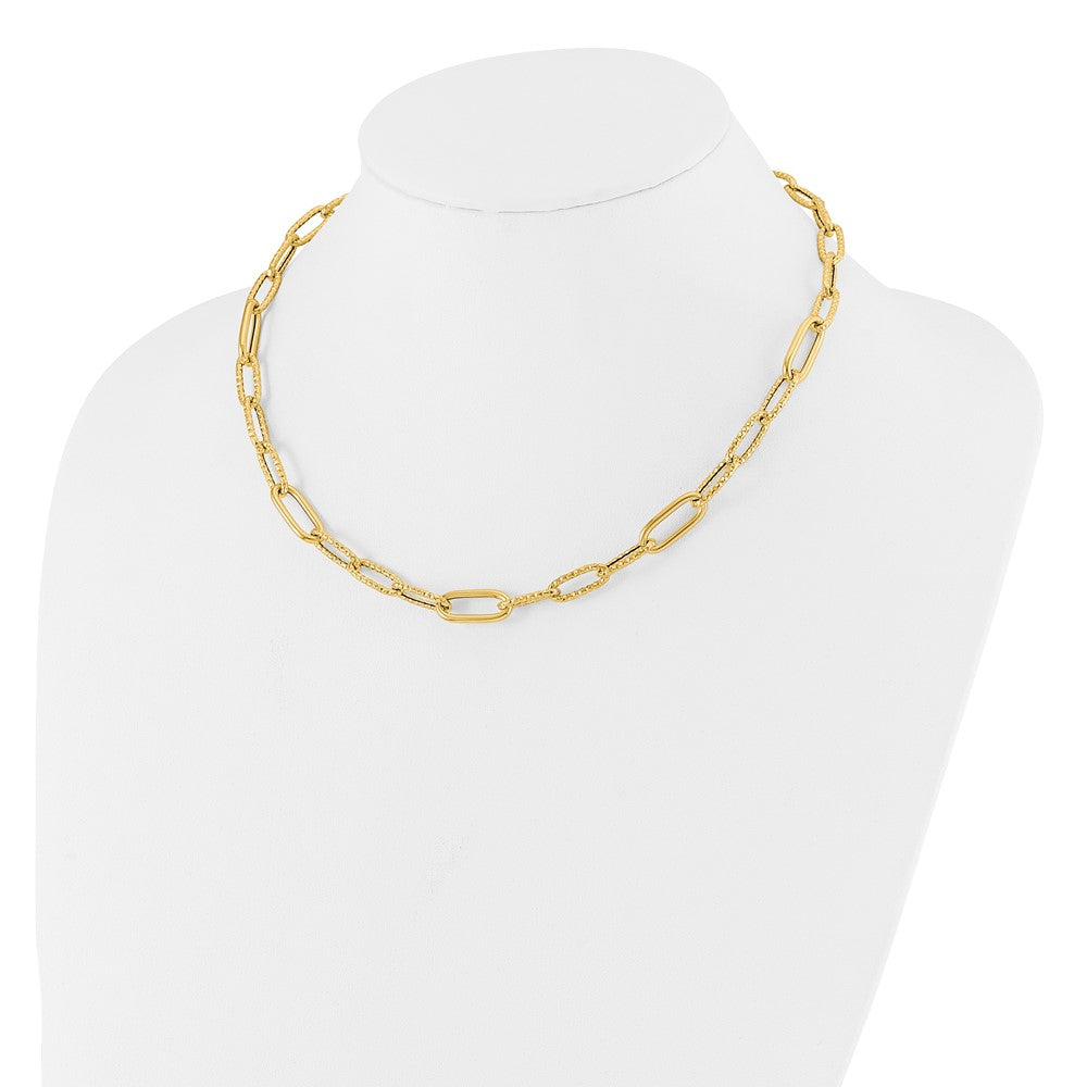 Gold Leslie's 14K 18 Inches Polished and Textured Fancy Paperclip Link Necklace Model-LF1846-18 - Charlie & Co. Jewelry