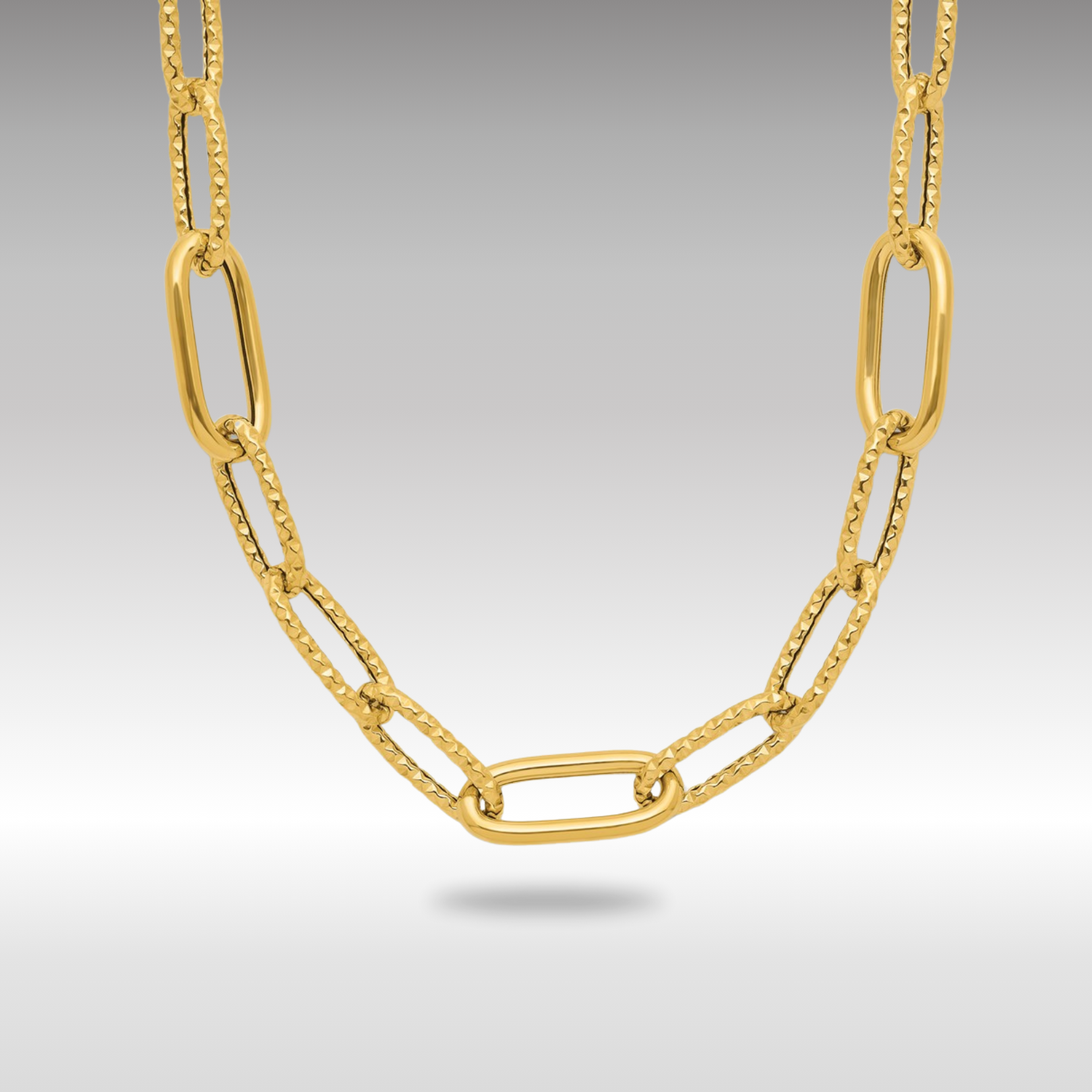 Gold Leslie's 14K 18 Inches Polished and Textured Fancy Paperclip Link Necklace Model-LF1846-18 - Charlie & Co. Jewelry