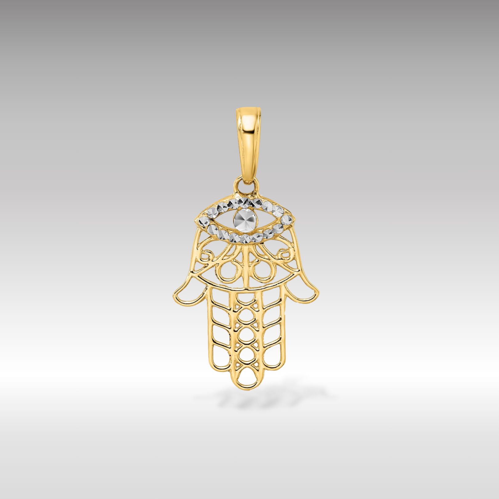 14K Yellow and White Gold Diamond-Cut Hamsa Evil Eye Pendant - Charlie & Co. Jewelry
