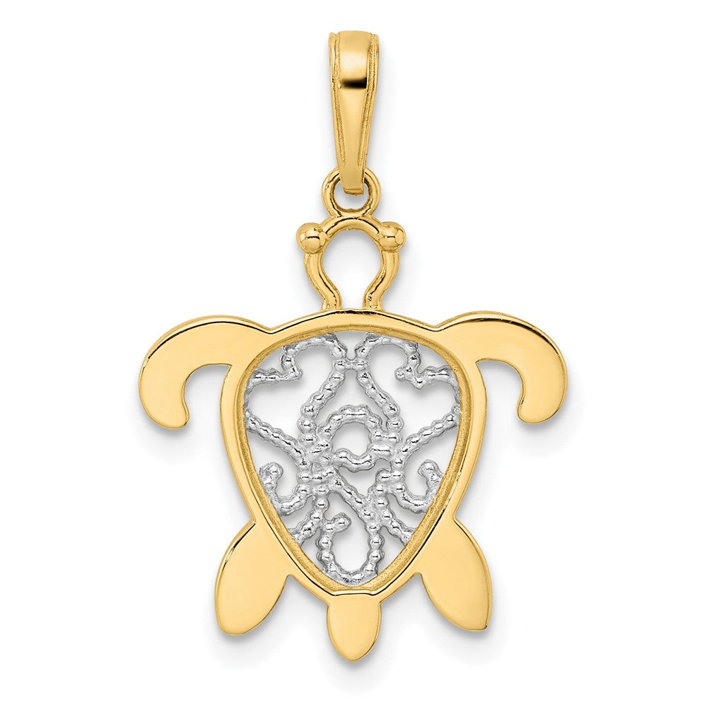 14K Yellow and White Gold Diamond-Cut Filigree Turtle Pendant - Charlie & Co. Jewelry