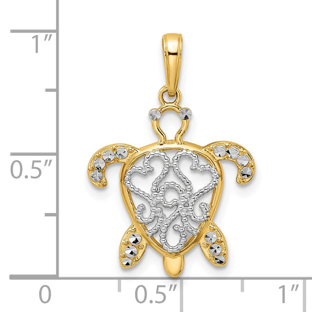 14K Yellow and White Gold Diamond-Cut Filigree Turtle Pendant - Charlie & Co. Jewelry