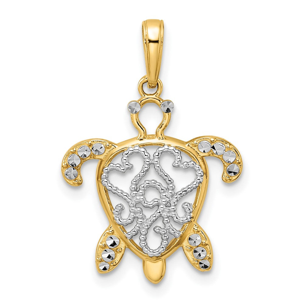 14K Yellow and White Gold Diamond-Cut Filigree Turtle Pendant - Charlie & Co. Jewelry