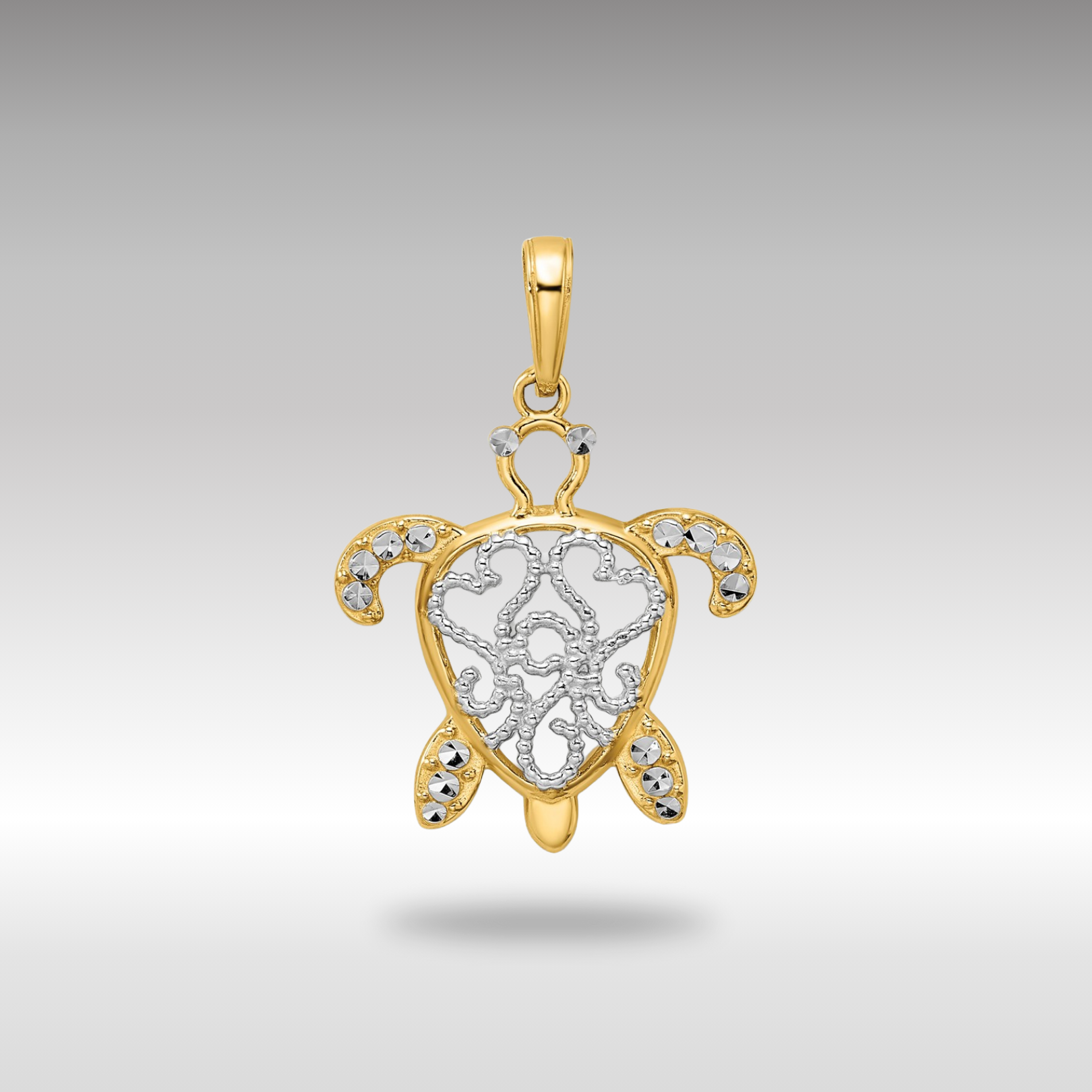 Yellow and White Gold Diamond-Cut Filigree Turtle Pendant - Charlie & Co. Jewelry