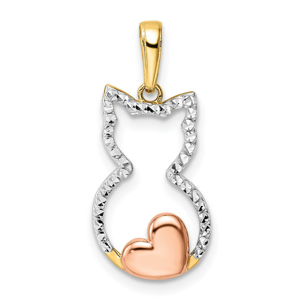 14K Gold with White and Rose Gold Cat with Heart Necklace Pendant - Charlie & Co. Jewelry