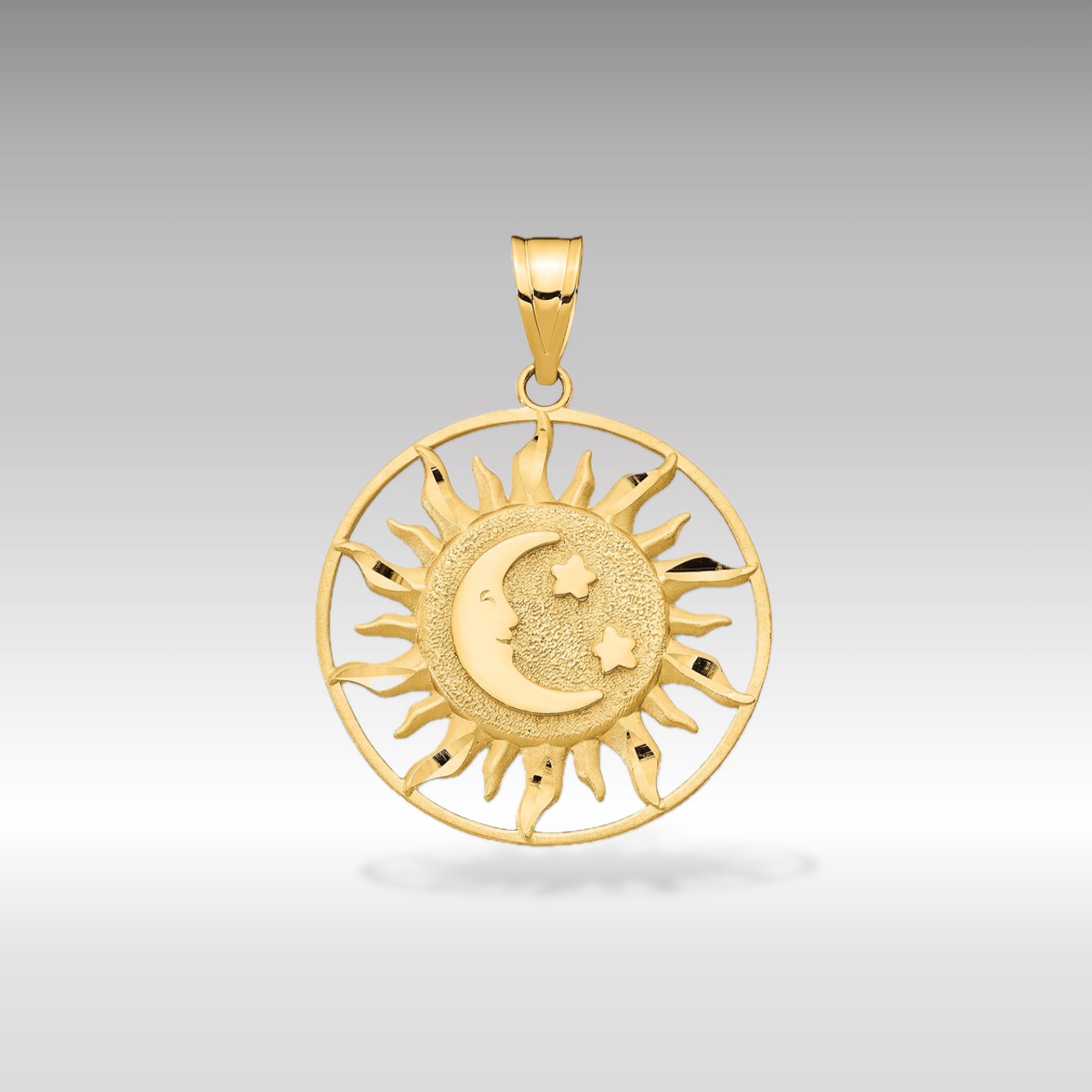 14K Gold Diamond-Cut Sun with Moon and Stars Pendant - Charlie & Co. Jewelry