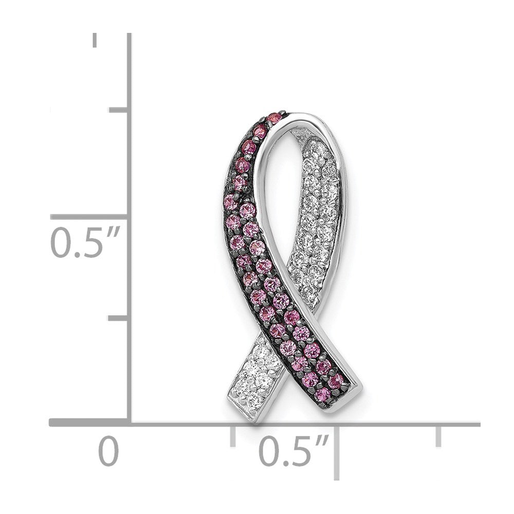 14K White Gold Diamond and Lab-Created Pink Sapphire Awareness Ribbon Necklace Pendant - Charlie & Co. Jewelry