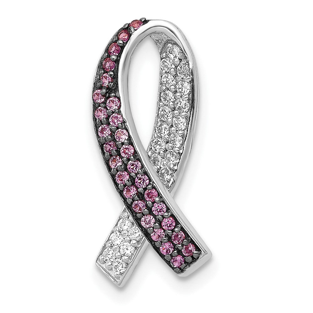 14K White Gold Diamond and Lab-Created Pink Sapphire Awareness Ribbon Necklace Pendant - Charlie & Co. Jewelry