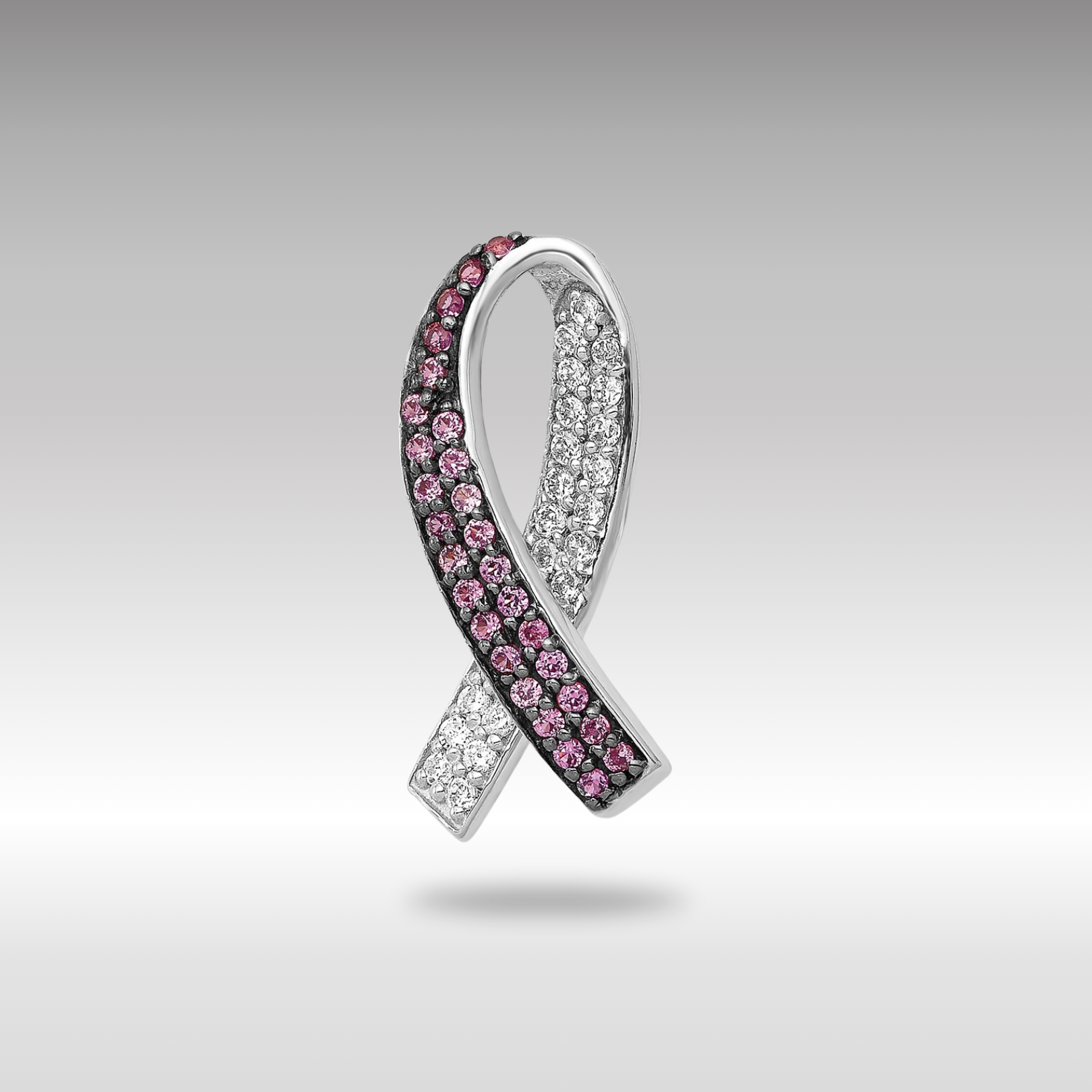 White Gold Diamond and Lab-Created Pink Sapphire Awareness Ribbon Necklace Pendant - Charlie & Co. Jewelry