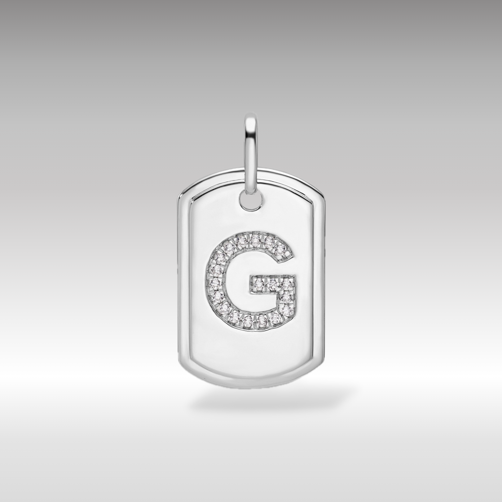 14K White Gold Initial "G" Dog Tag With Genuine Diamonds - Charlie & Co. Jewelry