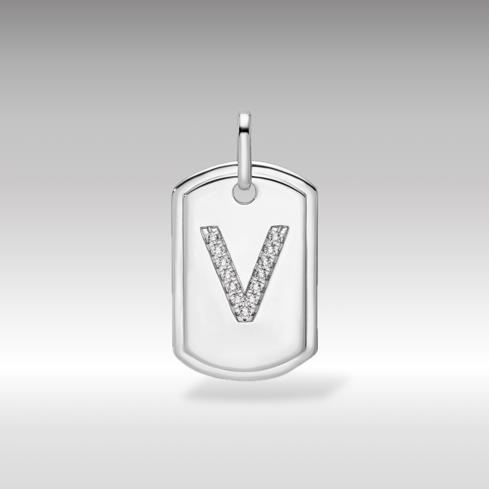 14K White Gold Initial "V" Dog Tag With Genuine Diamonds - Charlie & Co. Jewelry