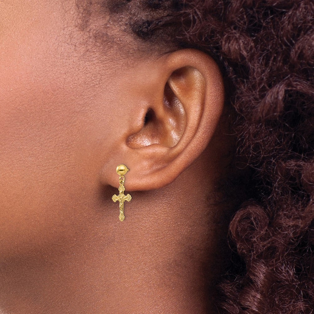 Gold Polished Crucifix Post Earrings - Model REL179 - Charlie & Co. Jewelry