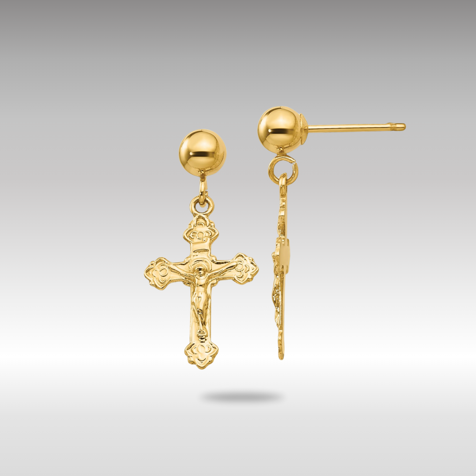 Gold Polished Crucifix Post Earrings - Model REL179 - Charlie & Co. Jewelry