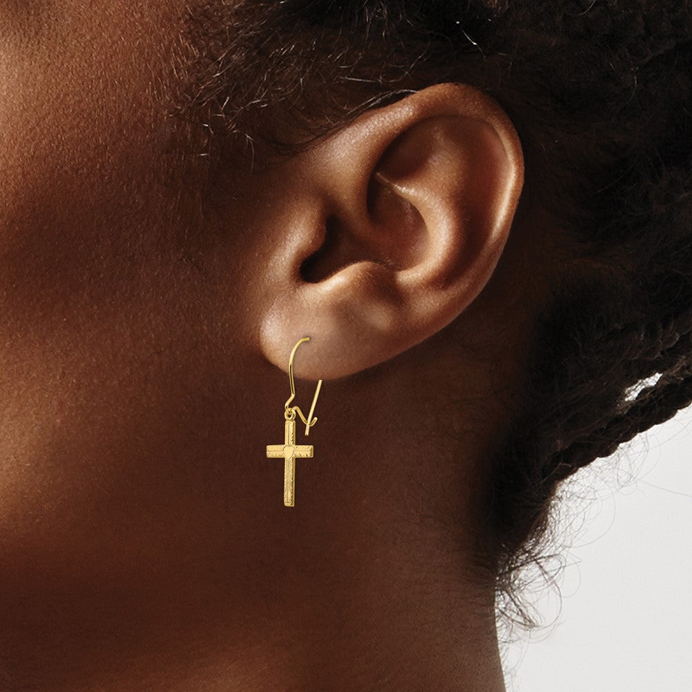 Gold Polished and Satin Cross Earrings Model-REL182 - Charlie & Co. Jewelry