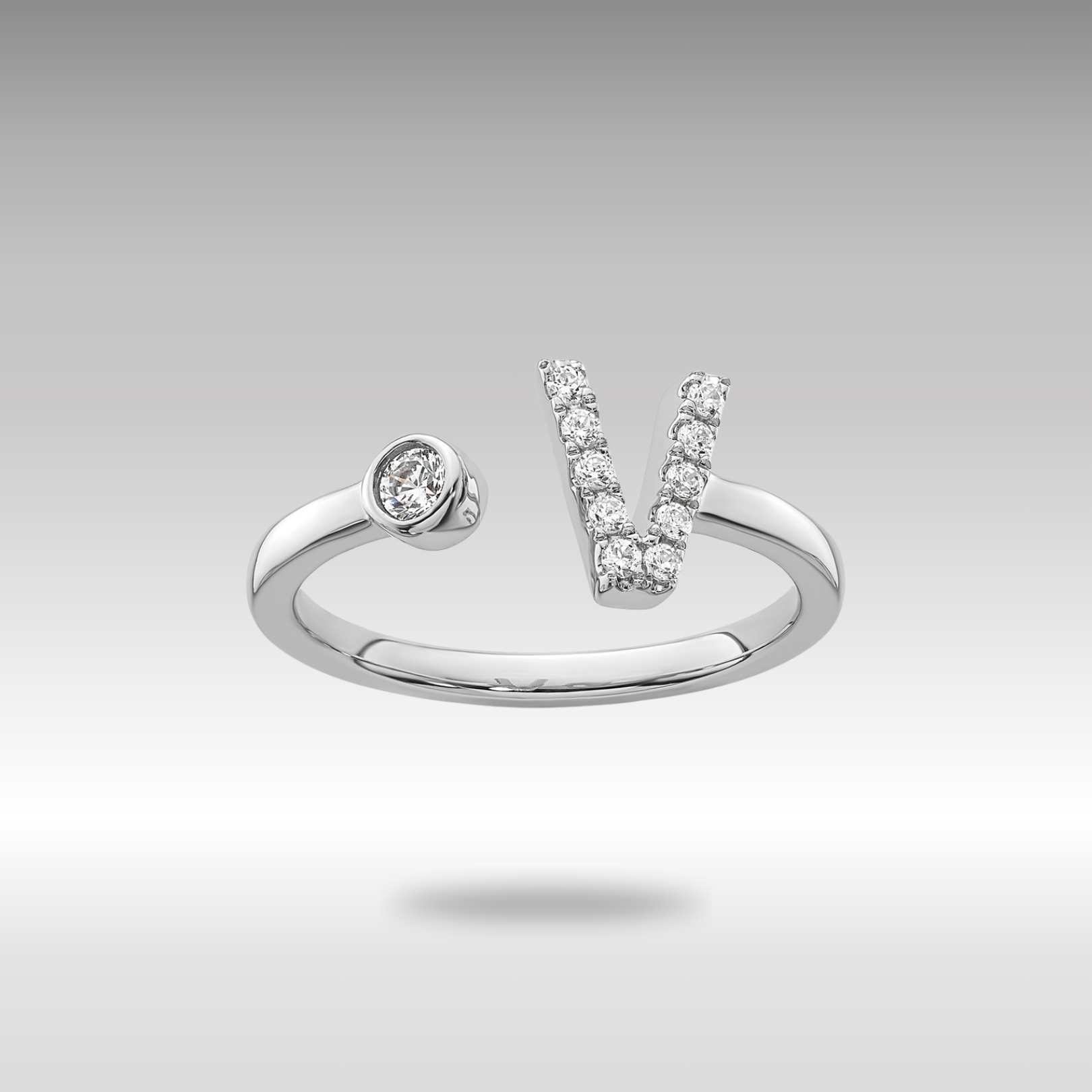 White Gold Lab Grown Diamond VS/SI FGH Initial V Adjustable Ring Model-RM10277V-017-WLG - Charlie & Co. Jewelry