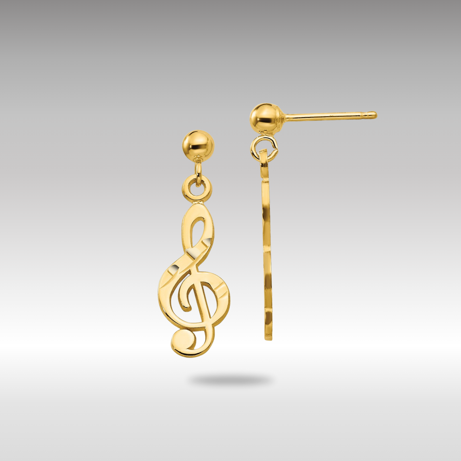 Gold Polished and Diamond-Cut Treble Clef Dangle Post Earrings - Model S1137 - Charlie & Co. Jewelry