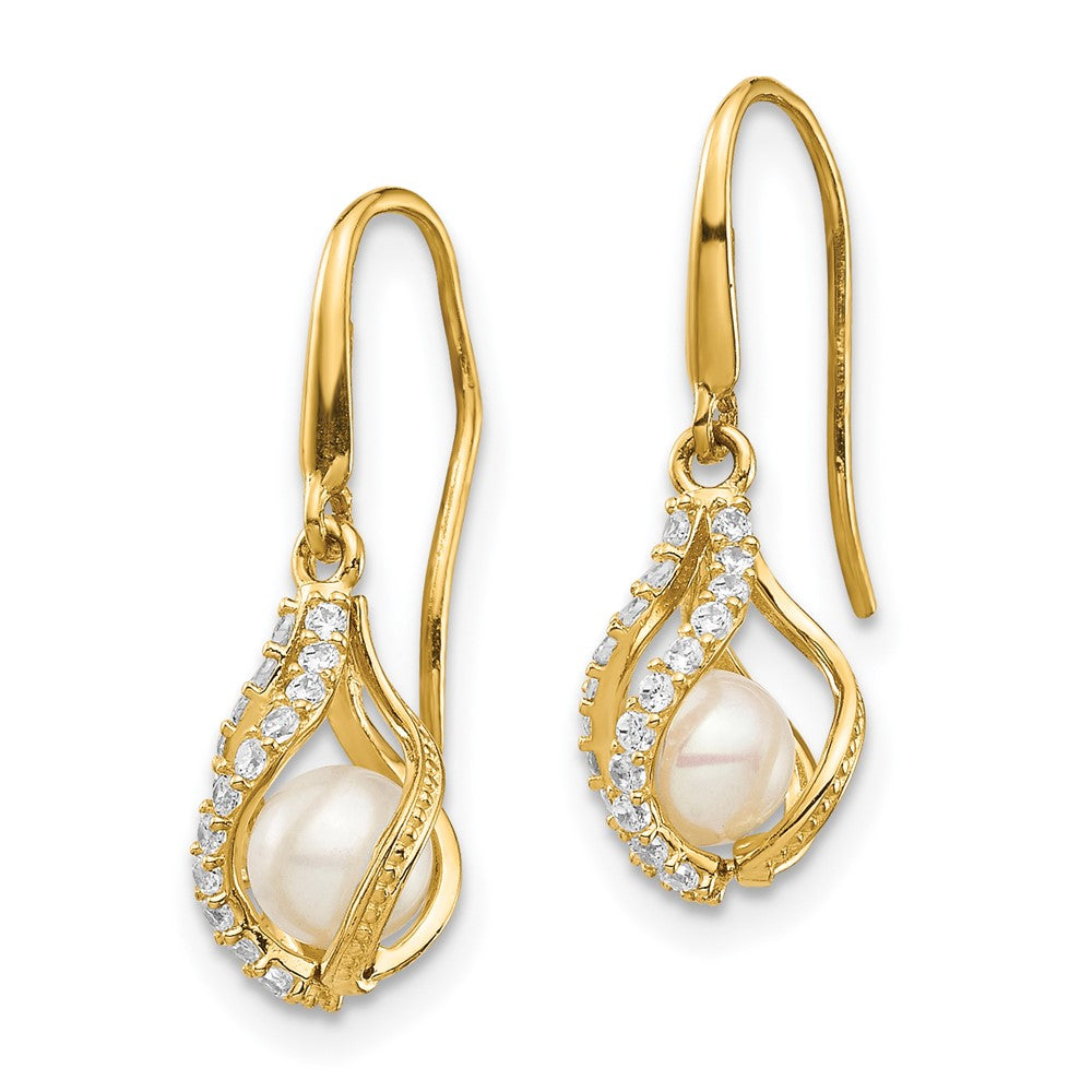 Gold White Freshwater Cultured Pearl CZ Cage Dangle Earrings - Model SE2864 - Charlie & Co. Jewelry