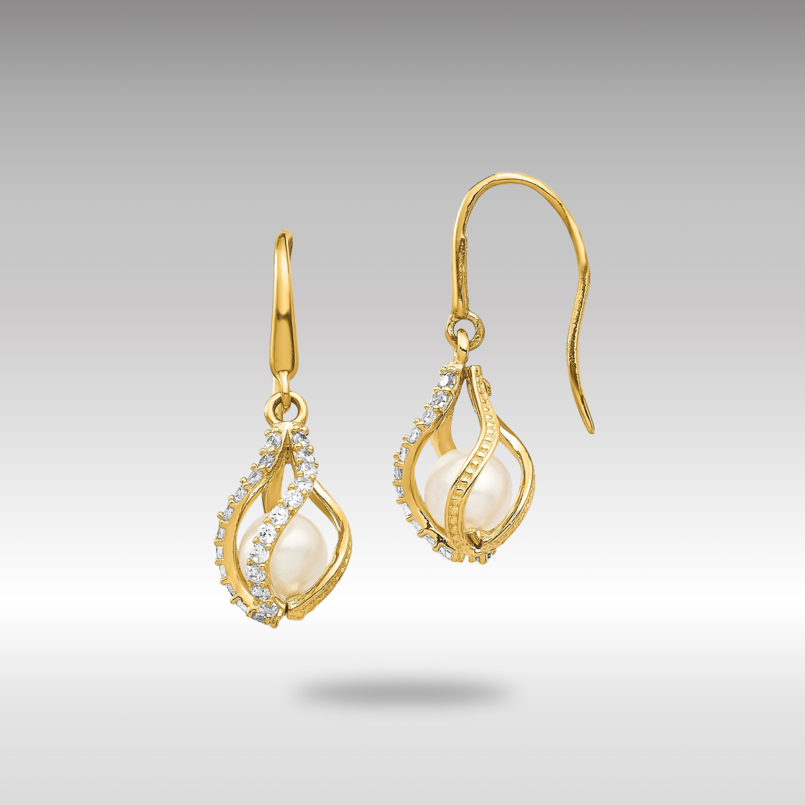 Gold White Freshwater Cultured Pearl CZ Cage Dangle Earrings - Model SE2864 - Charlie & Co. Jewelry