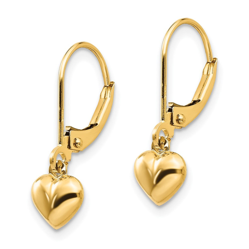 Gold Madi K Puffed Polished Heart Drop Leverback Earrings Model-SE945 - Charlie & Co. Jewelry