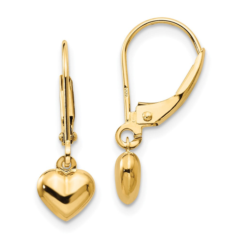 Gold Madi K Puffed Polished Heart Drop Leverback Earrings Model-SE945 - Charlie & Co. Jewelry