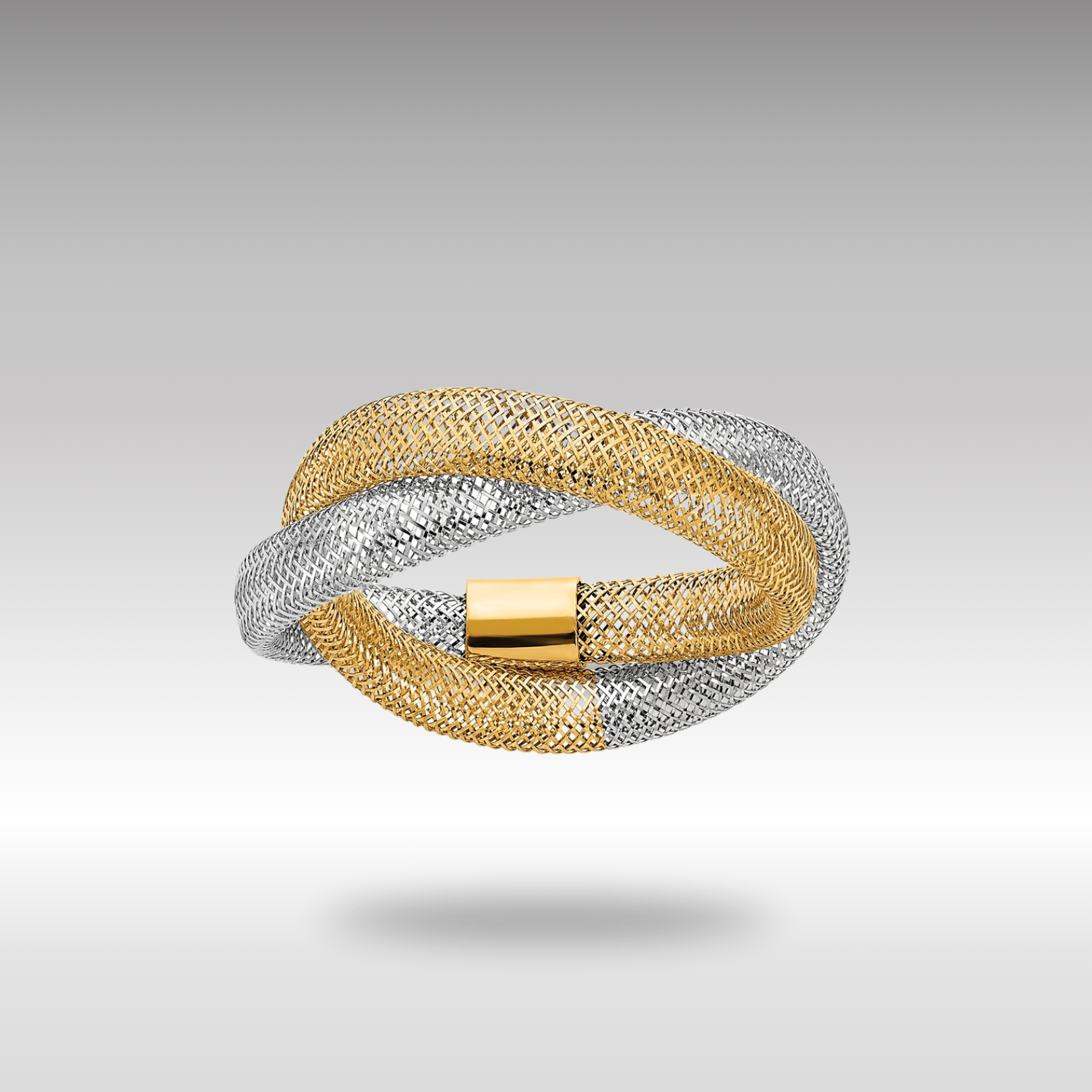 Yellow and White Gold Twisted Woven Mesh Stretch Ring Model-SF2822 - Charlie & Co. Jewelry