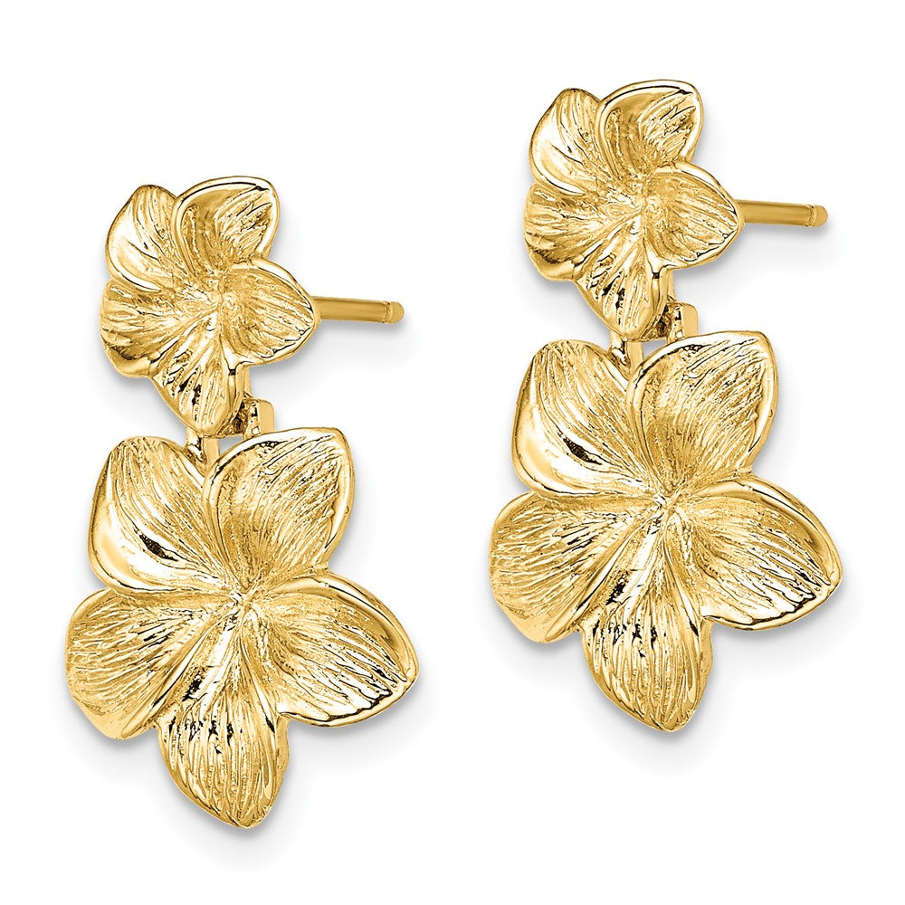 Gold Double Plumeria Flower Post Dangle Earrings - Model TE721 - Charlie & Co. Jewelry