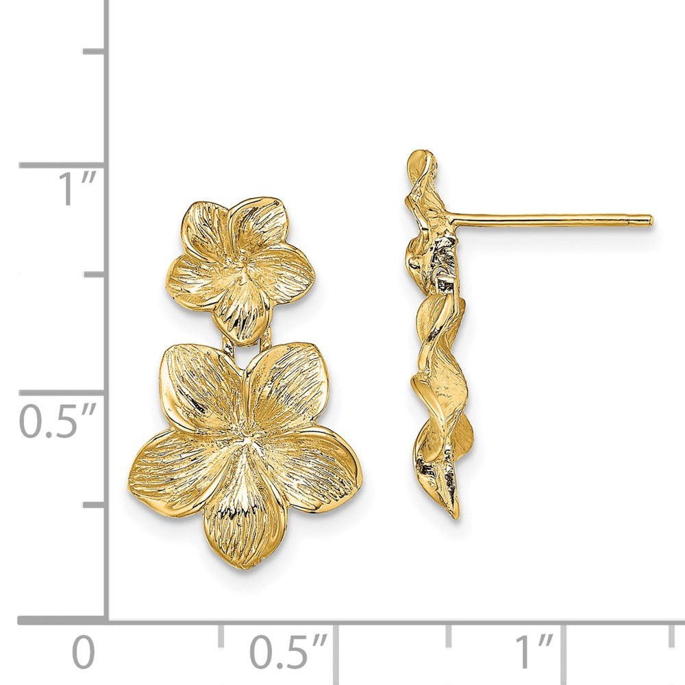 Gold Double Plumeria Flower Post Dangle Earrings - Model TE721 - Charlie & Co. Jewelry