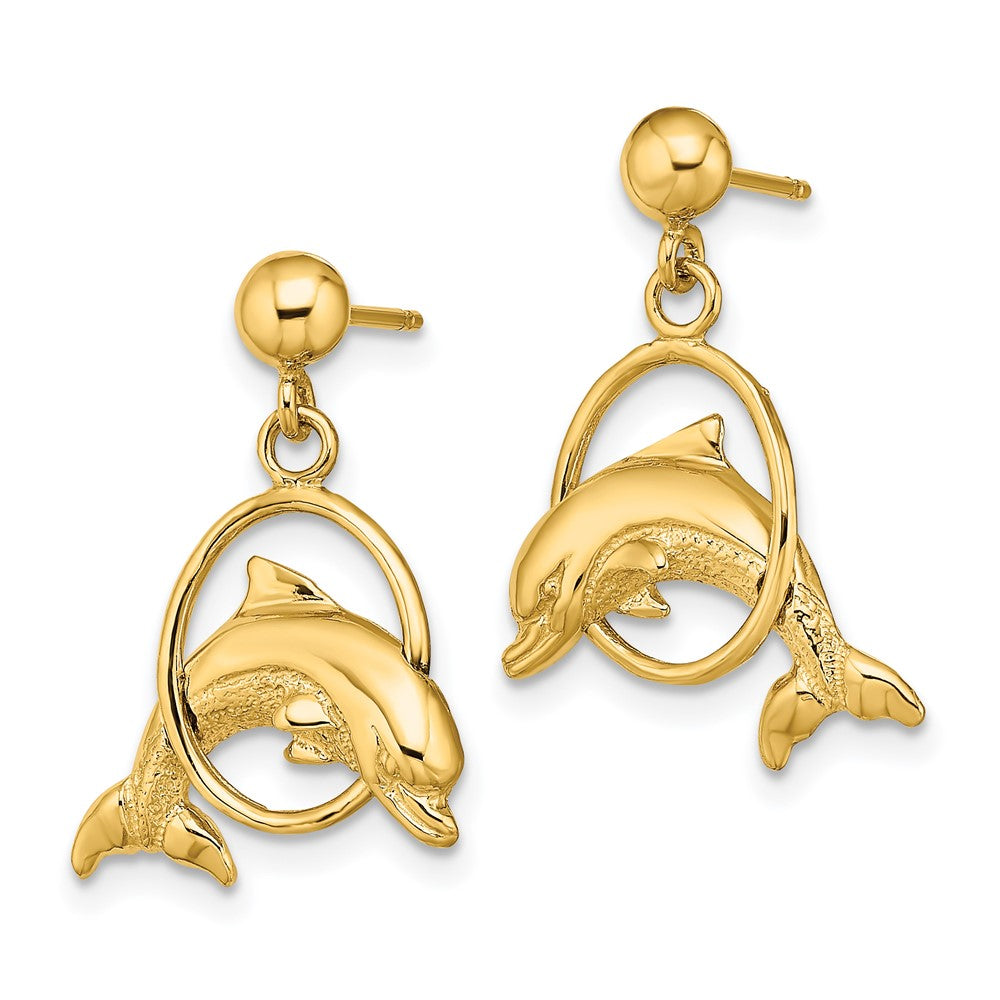 Gold 2-D Polished Dolphin Jumping Through Hoop Earrings - Model TE764 - Charlie & Co. Jewelry