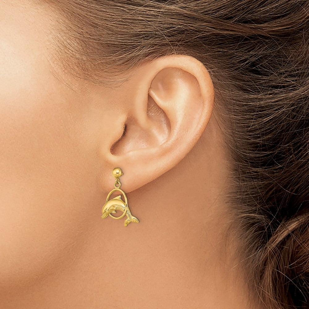 Gold 2-D Polished Dolphin Jumping Through Hoop Earrings - Model TE764 - Charlie & Co. Jewelry